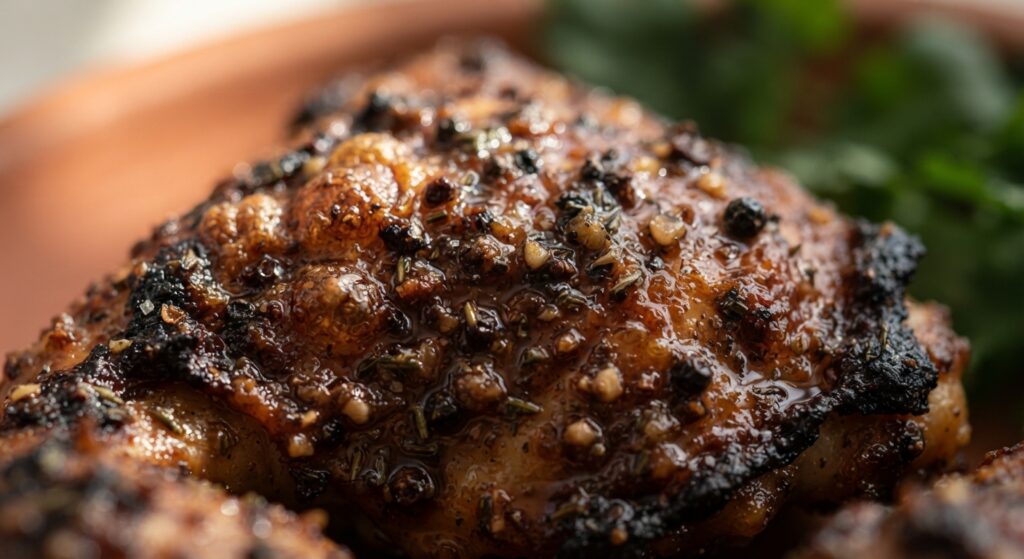 Close-up macro of crispy caramelized jerk chicken skin with charred edges and spices