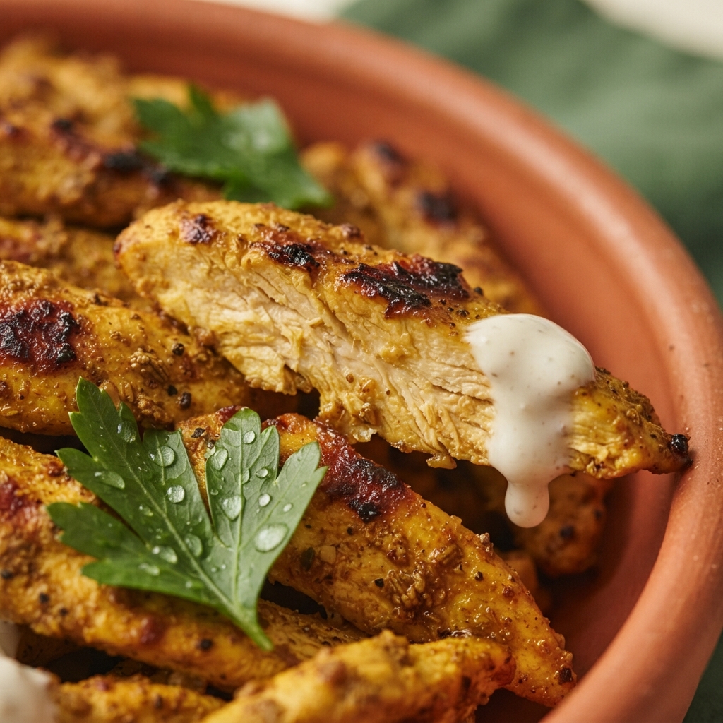 Close-up macro of spiced chicken shawarma with caramelized edges garlic sauce and fresh herbs texture detail