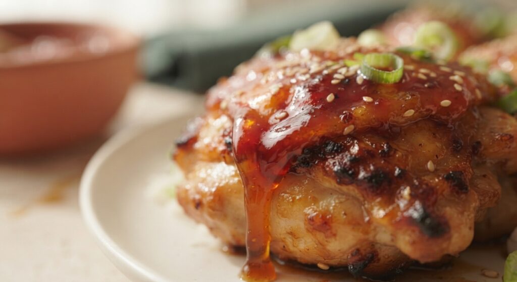 Close-up macro of sticky honey sriracha glaze texture on tender chicken
