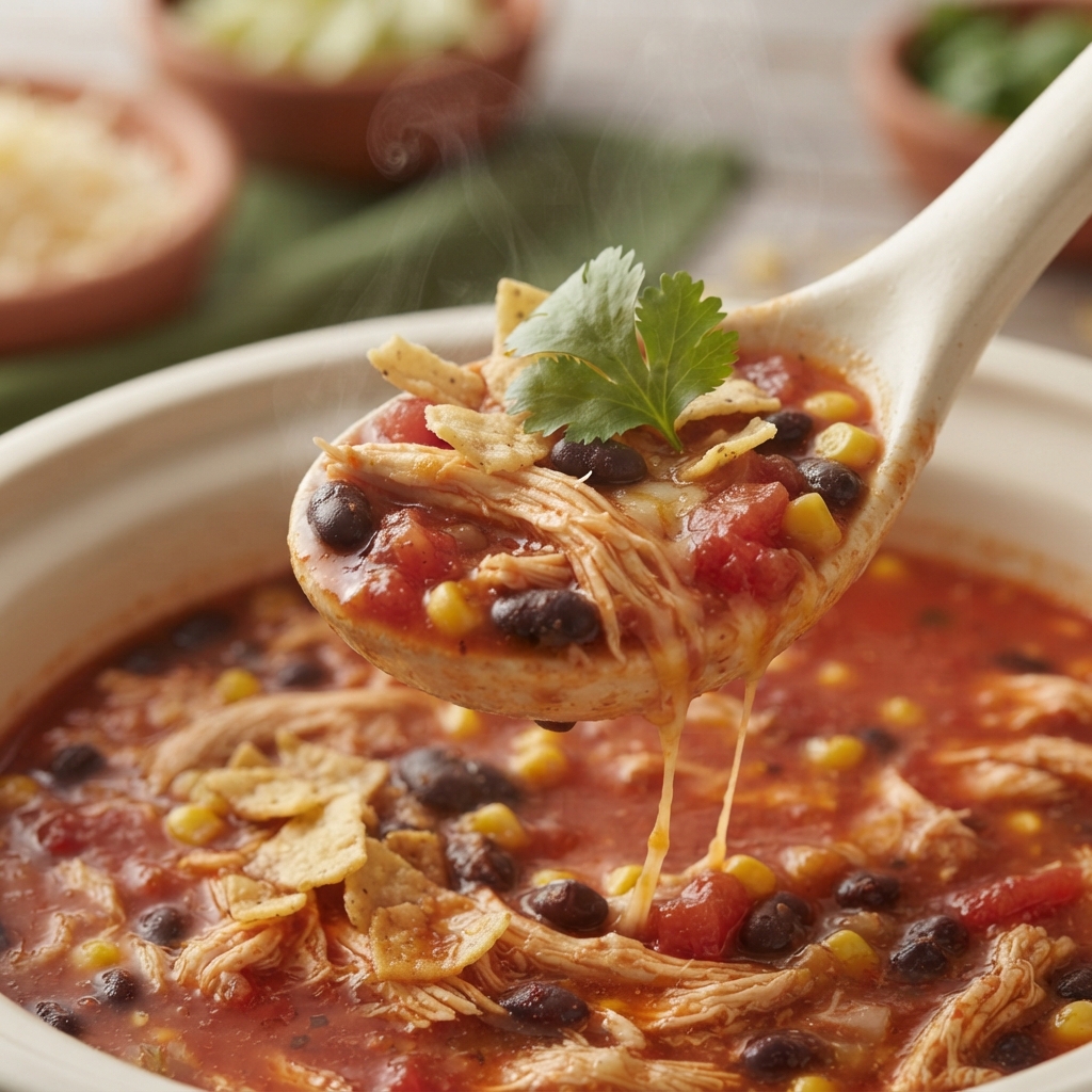 Close-up macro shot of chicken tortilla soup showing shredded chicken beans corn and toppings in rich broth