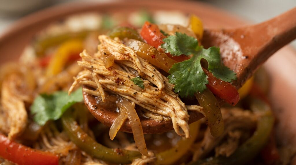 Close-up macro shot of tender shredded chicken fajita mixture with peppers showing juicy texture