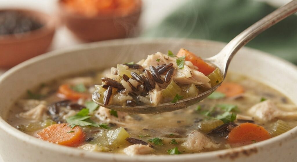 Close-up macro texture of chicken and wild rice soup showing tender chicken rice and vegetables