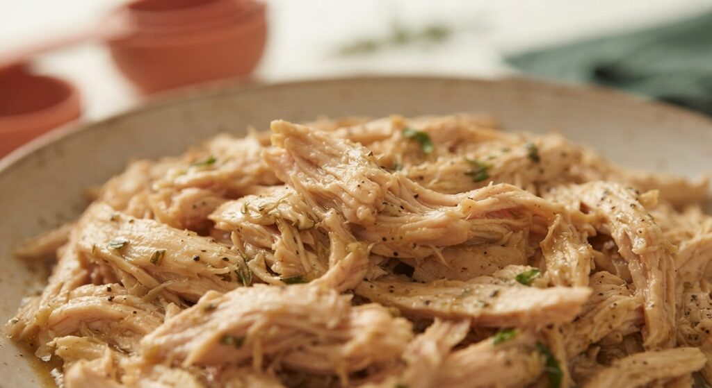 Close-up macro texture of moist tender shredded chicken