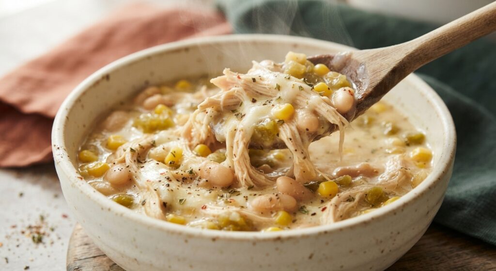 Close-up texture of creamy white chicken chili showing shredded chicken, beans, corn, and rich creamy broth