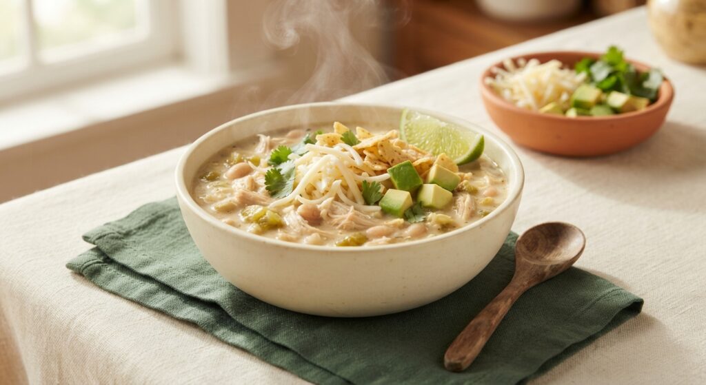 Creamy slow cooker white chicken chili in bowl topped with cheese, avocado, cilantro, and tortilla chips
