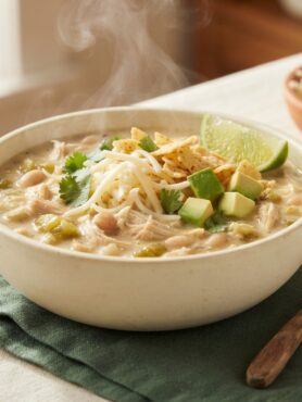 Creamy slow cooker white chicken chili in bowl topped with cheese, avocado, cilantro, and tortilla chips