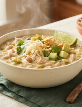 Creamy slow cooker white chicken chili in bowl topped with cheese, avocado, cilantro, and tortilla chips
