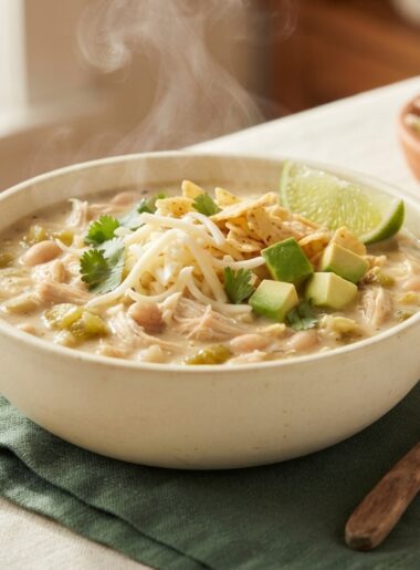 Creamy slow cooker white chicken chili in bowl topped with cheese, avocado, cilantro, and tortilla chips
