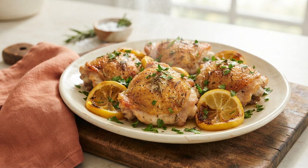 Crispy air fryer lemon herb chicken thighs with golden skin, fresh lemon slices and herbs on cream platter