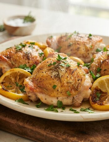 Crispy air fryer lemon herb chicken thighs with golden skin, fresh lemon slices and herbs on cream platter