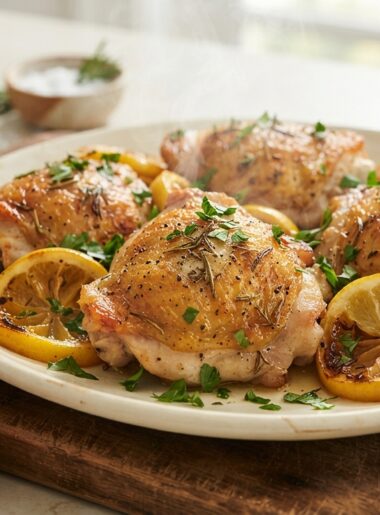 Crispy air fryer lemon herb chicken thighs with golden skin, fresh lemon slices and herbs on cream platter