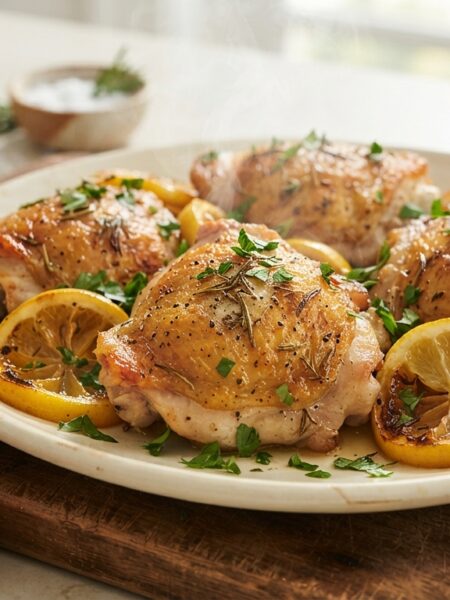 Crispy air fryer lemon herb chicken thighs with golden skin, fresh lemon slices and herbs on cream platter