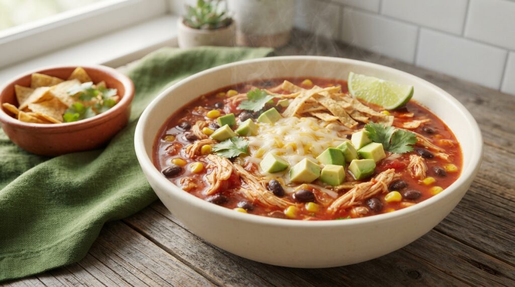 Crockpot Chicken Tortilla Soup in cream bowl topped with cheese avocado tortilla chips and fresh cilantro - easy slow cooker recipe