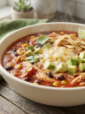 Crockpot Chicken Tortilla Soup in cream bowl topped with cheese avocado tortilla chips and fresh cilantro - easy slow cooker recipe