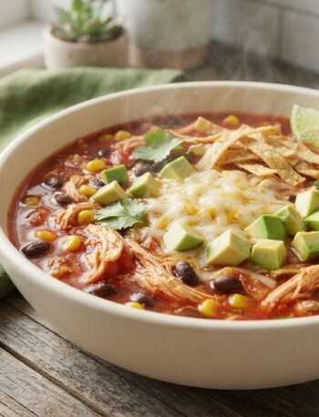Crockpot Chicken Tortilla Soup in cream bowl topped with cheese avocado tortilla chips and fresh cilantro - easy slow cooker recipe