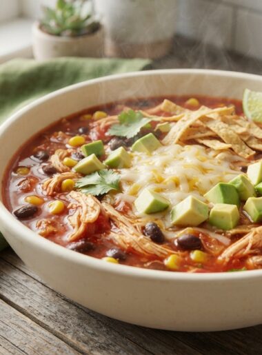 Crockpot Chicken Tortilla Soup in cream bowl topped with cheese avocado tortilla chips and fresh cilantro - easy slow cooker recipe