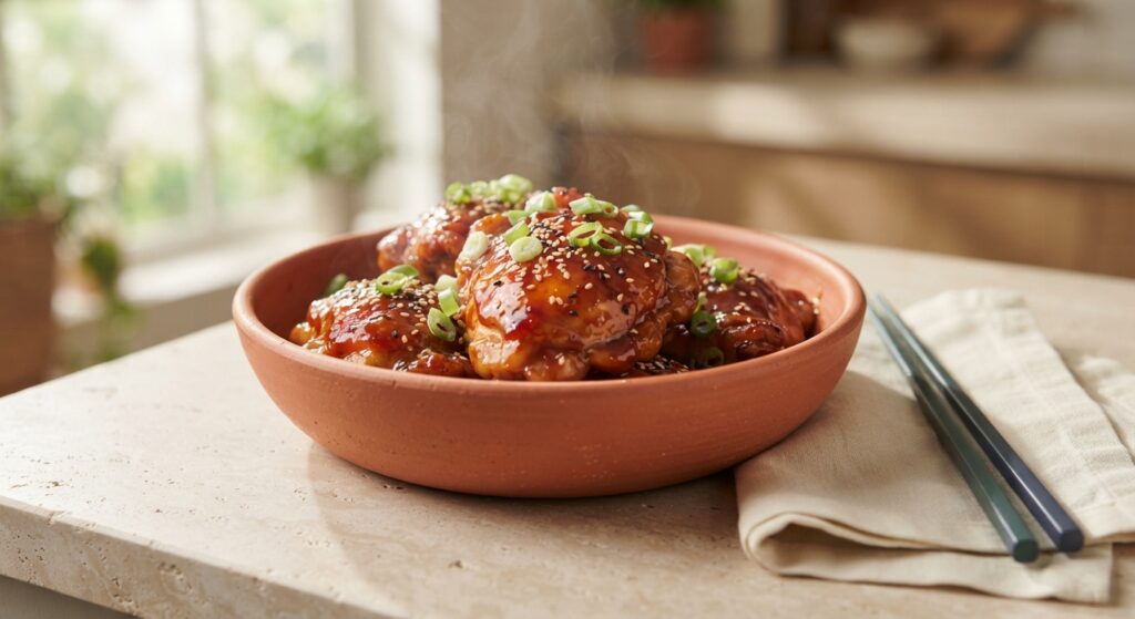 Crockpot honey sriracha chicken in terracotta bowl with glossy glaze and fresh garnishes