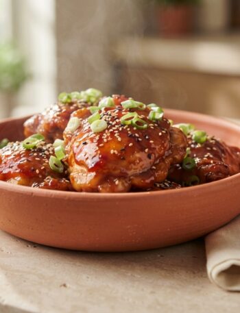 Crockpot honey sriracha chicken in terracotta bowl with glossy glaze and fresh garnishes