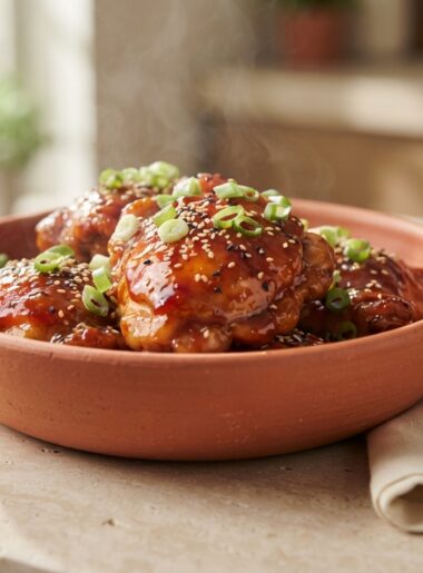 Crockpot honey sriracha chicken in terracotta bowl with glossy glaze and fresh garnishes