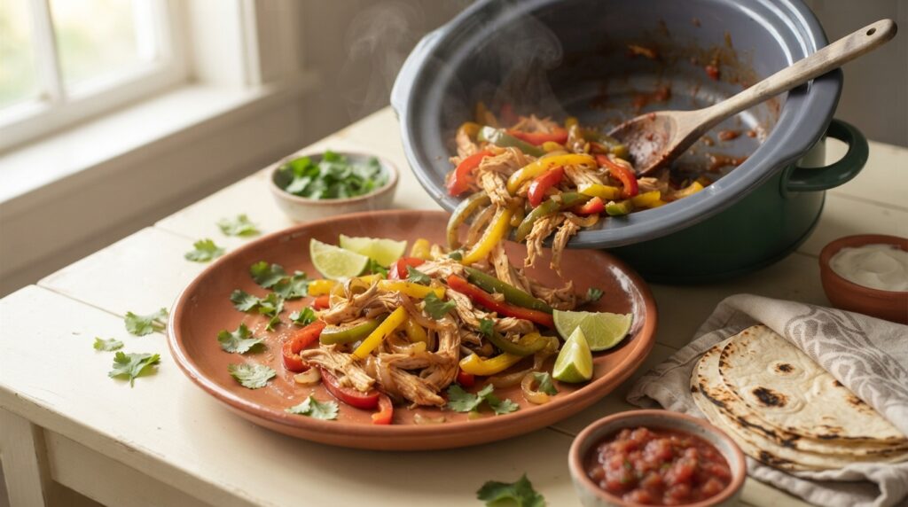 Dump-and-Go Crockpot Chicken Fajitas - tender shredded chicken with colorful peppers spilling from slow cooker