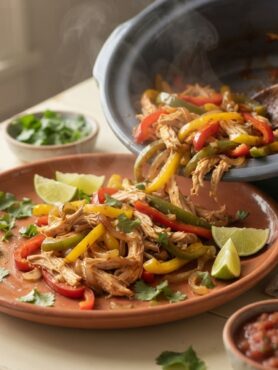 Dump-and-Go Crockpot Chicken Fajitas - tender shredded chicken with colorful peppers spilling from slow cooker
