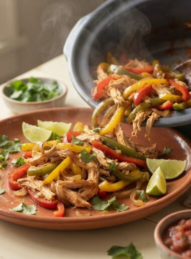Dump-and-Go Crockpot Chicken Fajitas - tender shredded chicken with colorful peppers spilling from slow cooker