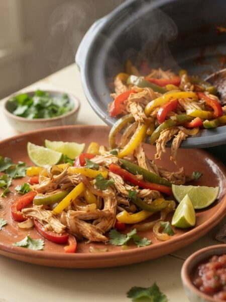 Dump-and-Go Crockpot Chicken Fajitas - tender shredded chicken with colorful peppers spilling from slow cooker