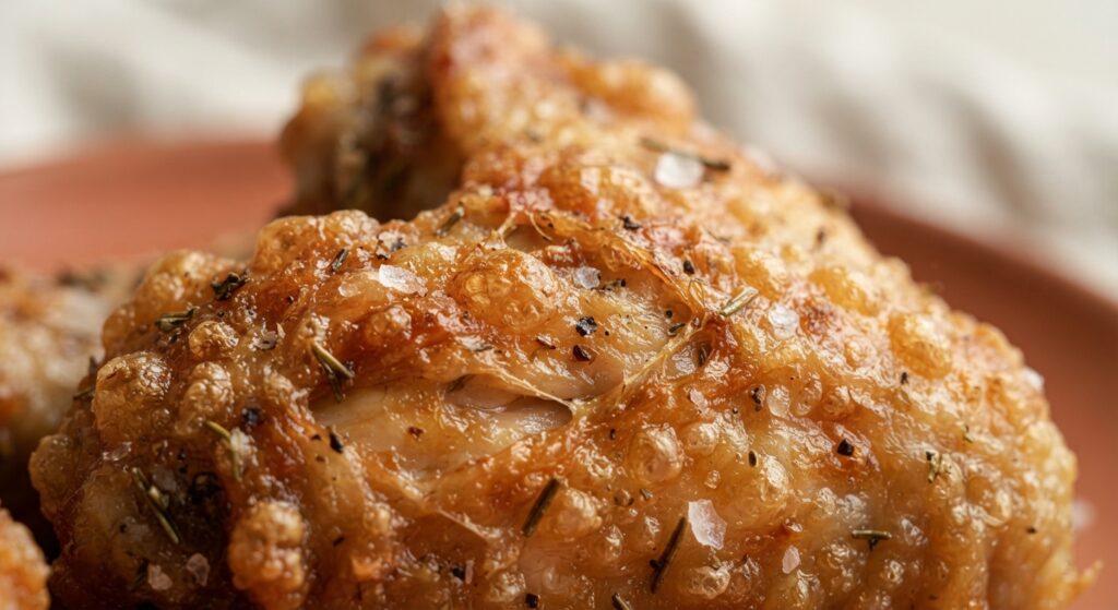Extreme macro close up of the crispy blistered skin of an air fryer chicken wing