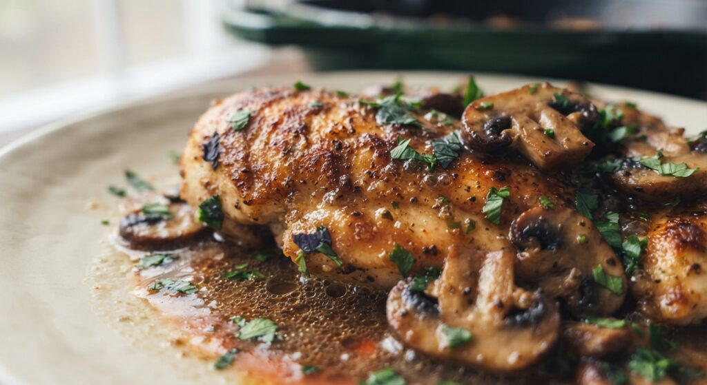 Extreme macro close up of the golden crust and glossy mushroom marsala sauce texture