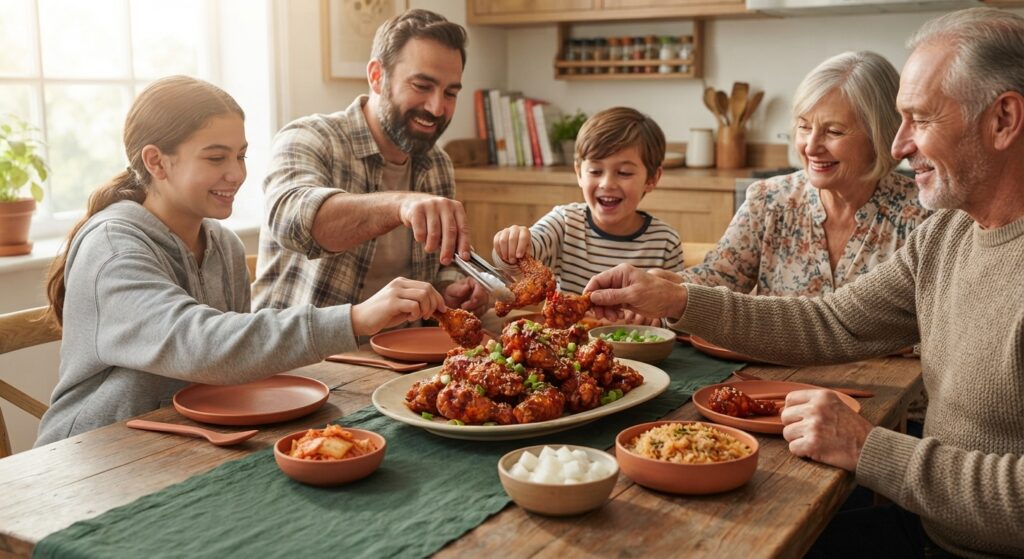 Family enjoying air fryer Korean fried chicken dinner together at home