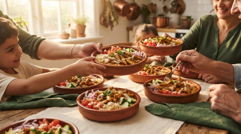 Family enjoying chicken shawarma bowls together at dinner table with garlic sauce and fresh vegetables