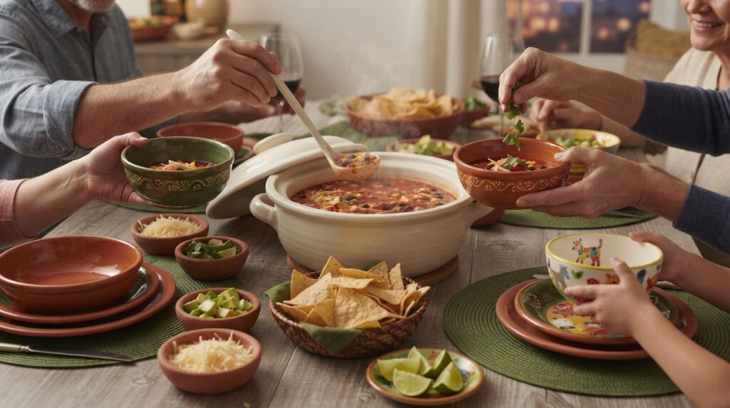 Family enjoying homemade Crockpot Chicken Tortilla Soup together at dinner table with toppings