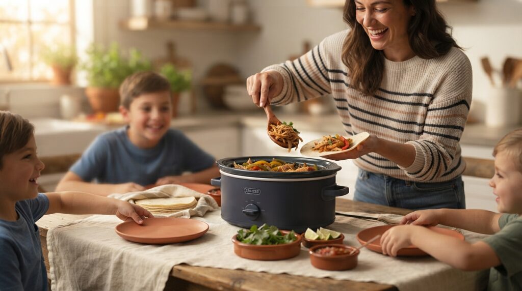 Family enjoying homemade crockpot chicken fajitas together at dinner table