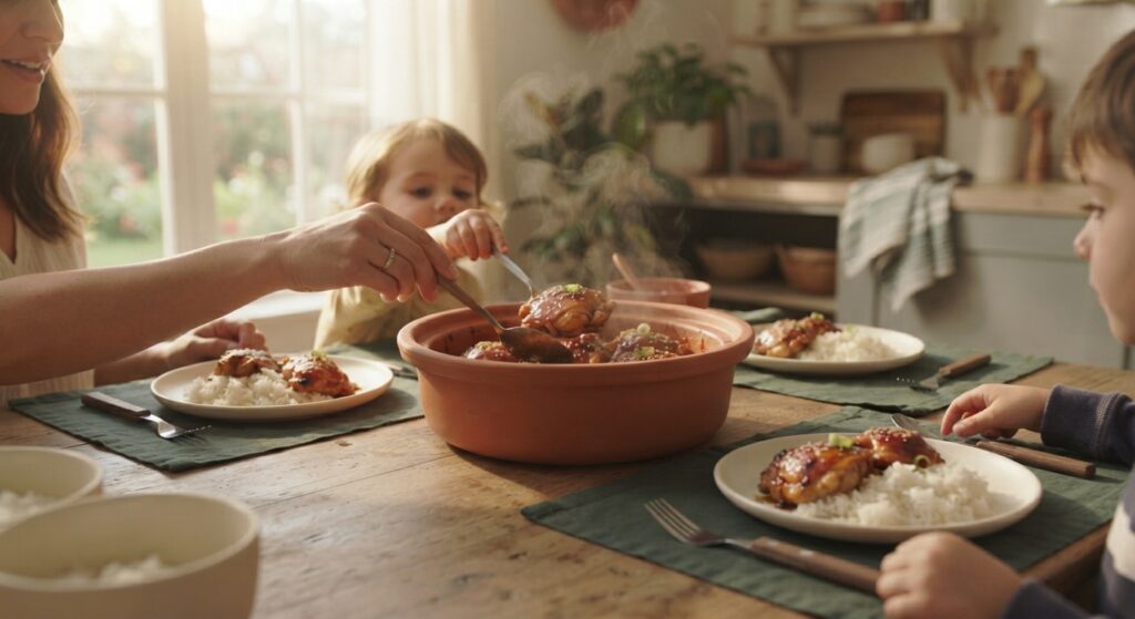 Family enjoying honey sriracha chicken dinner together at home