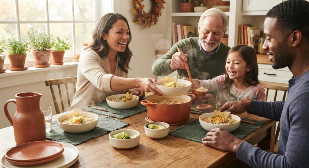 Family enjoying slow cooker white chicken chili together at dinner table with toppings