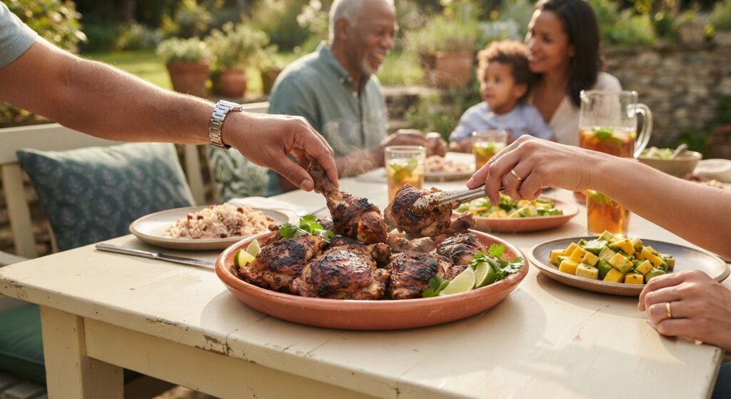 Family serving Jamaican jerk chicken at outdoor table gathering
