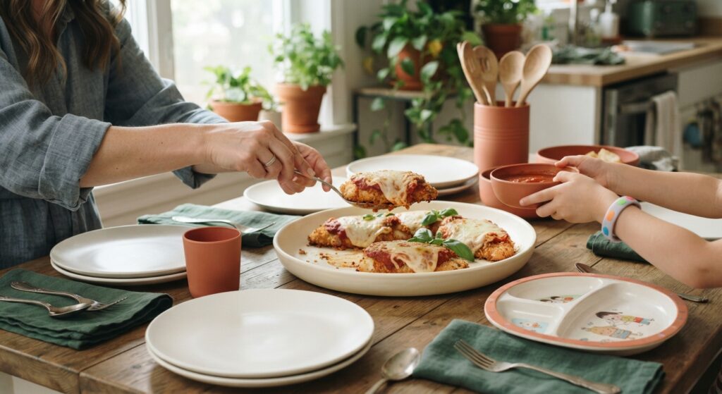 Family serving air fryer chicken parmesan at dinner table with cream and terracotta dinnerware