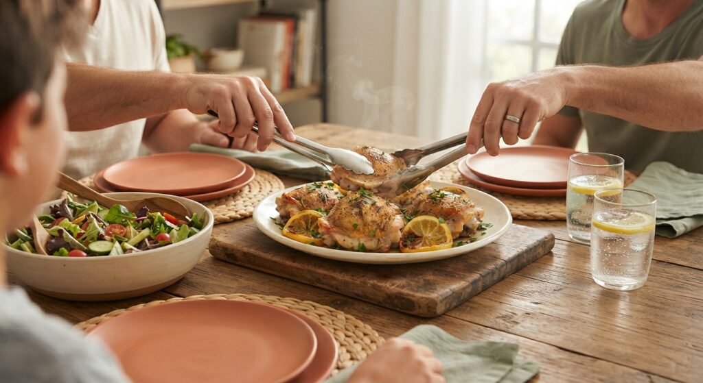Family serving air fryer lemon herb chicken thighs at dinner table with sides and fresh salad
