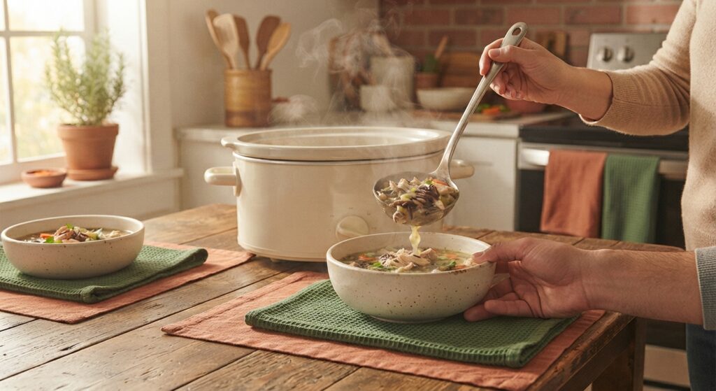 Family serving slow cooker chicken and wild rice soup from slow cooker at dinner table