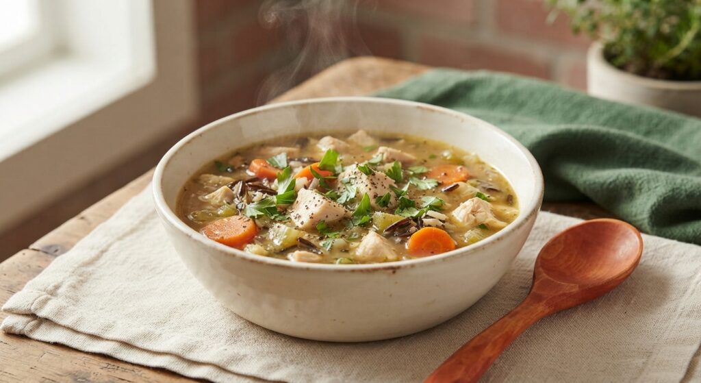 Hearty slow cooker chicken and wild rice soup in rustic bowl with fresh parsley garnish