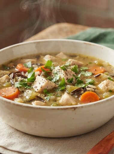 Hearty slow cooker chicken and wild rice soup in rustic bowl with fresh parsley garnish