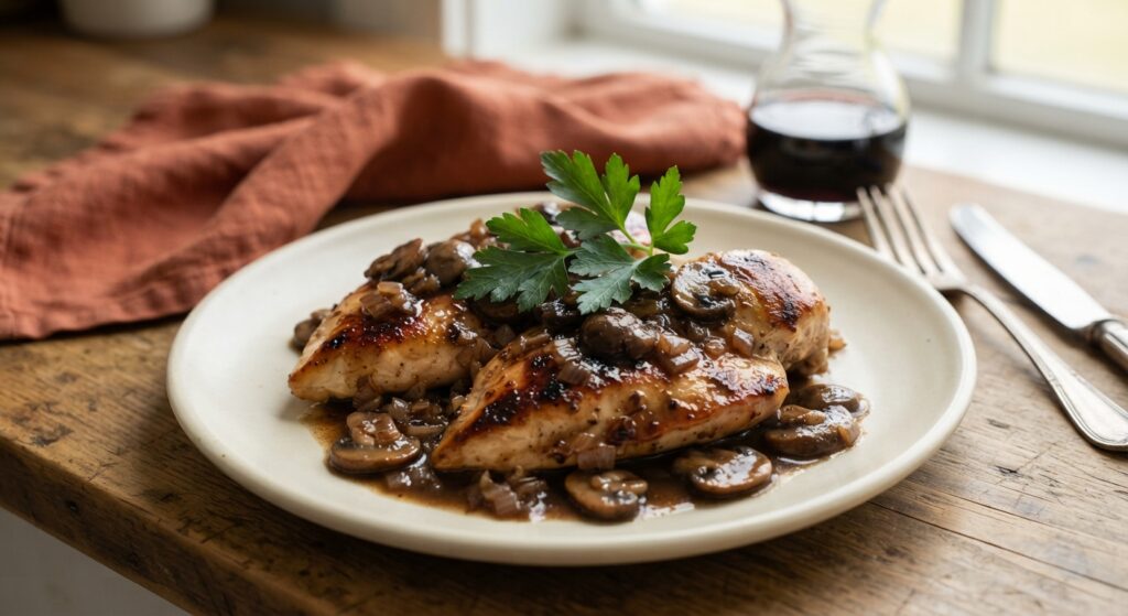 Hero shot of classic chicken marsala with mushrooms in a rich glossy sauce on a cream plate