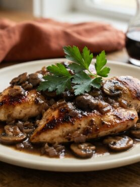 Hero shot of classic chicken marsala with mushrooms in a rich glossy sauce on a cream plate