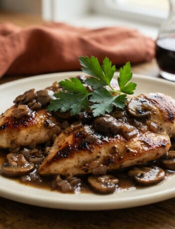 Hero shot of classic chicken marsala with mushrooms in a rich glossy sauce on a cream plate