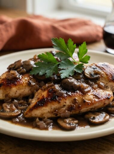 Hero shot of classic chicken marsala with mushrooms in a rich glossy sauce on a cream plate