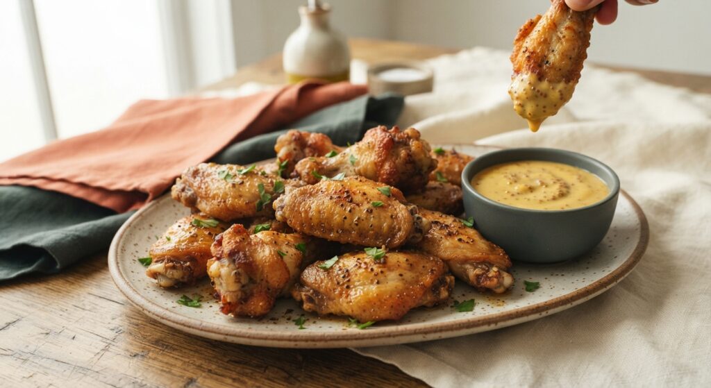 Hero shot of crispy air fryer chicken wings on a platter with dipping sauce