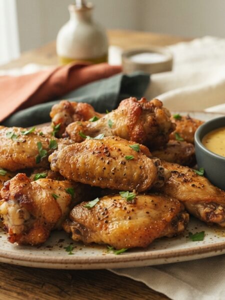 Hero shot of crispy air fryer chicken wings on a platter with dipping sauce