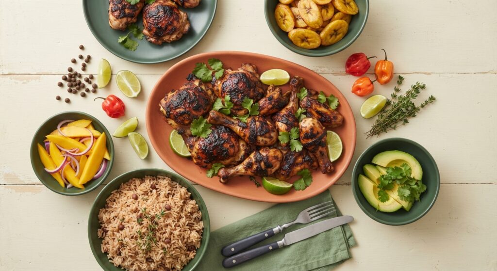 Jamaican jerk chicken dinner flatlay with rice, mango, avocado and fresh ingredients overhead view
