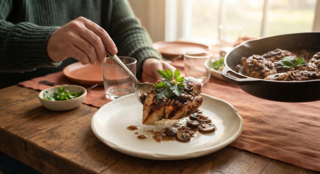 Lifestyle serving shot of chicken marsala being plated for a cozy family dinner