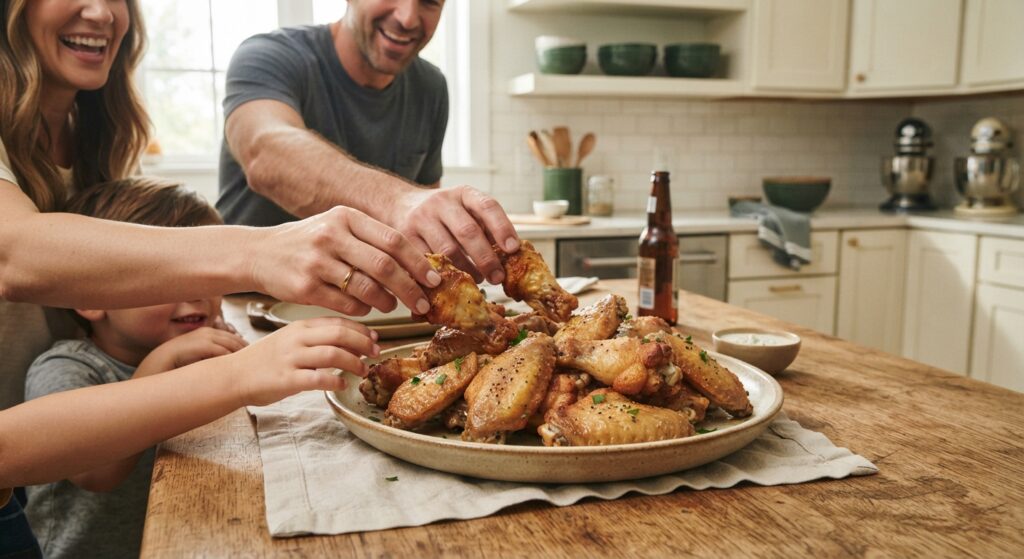 Lifestyle shot of a family enjoying crispy air fryer chicken wings together